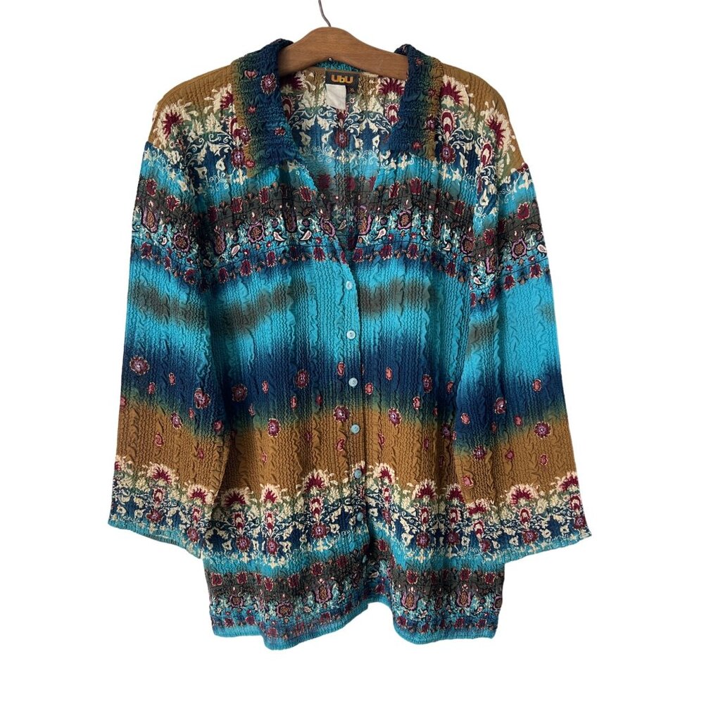 UBU Vintage 90s Textured Cardigan Size XL Crinkle Floral Retro Bohemian Textured